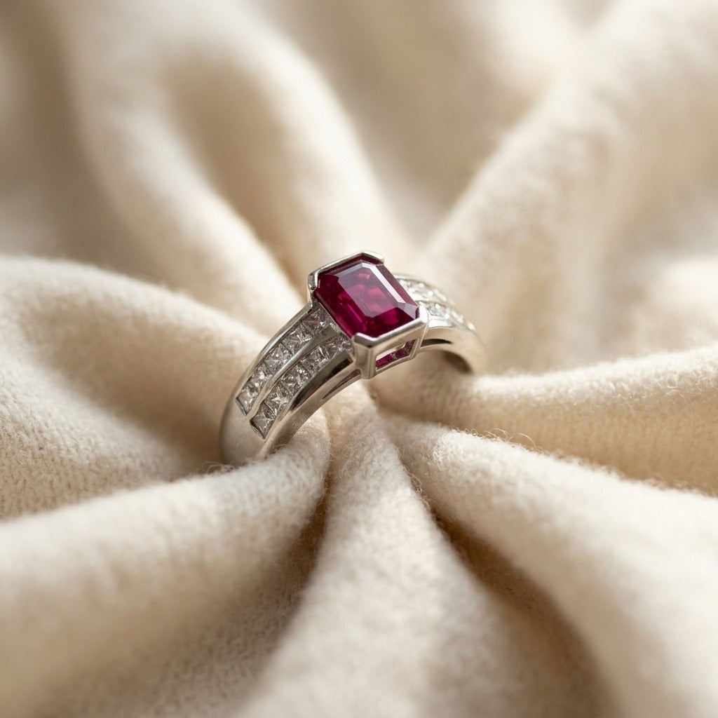 Emerald-Cut Ruby Center and Princess Cut Channel Set Diamond Shank in Platinum — textile flat lay