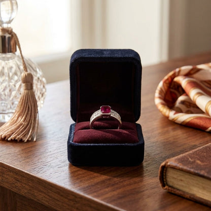 Emerald-Cut Ruby Center and Princess Cut Channel Set Diamond Shank in Platinum — velvet box