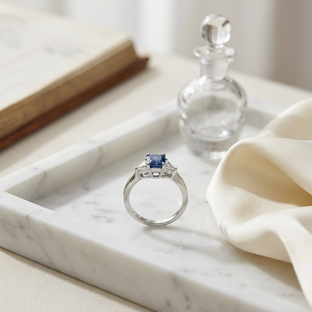Sapphire And Diamond Emerald Cut Engagement Ring In Platinum — atelier still life