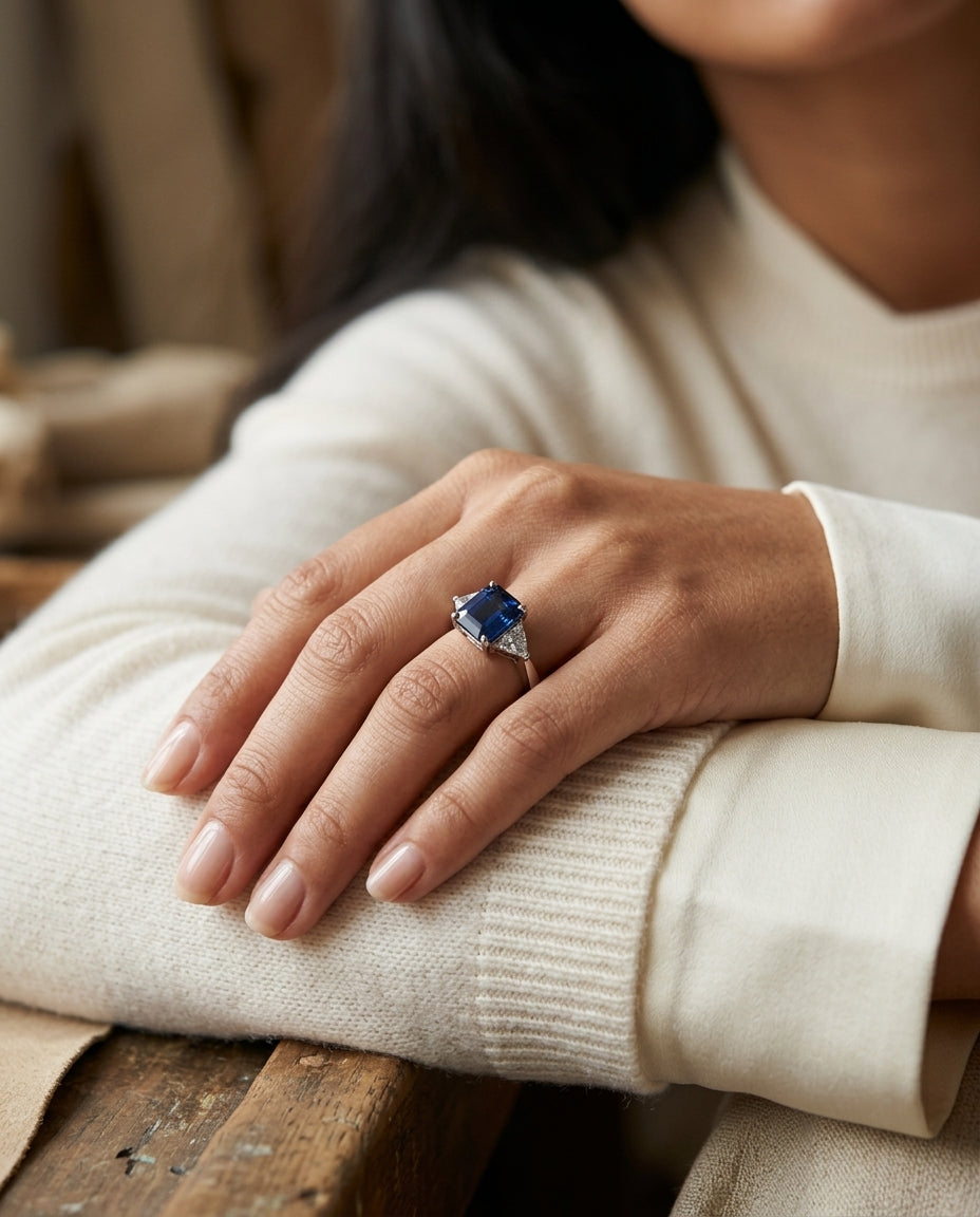 Sapphire And Diamond Emerald Cut Engagement Ring In Platinum — editorial close-up