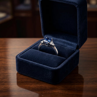 Sapphire And Diamond Emerald Cut Engagement Ring In Platinum — gift presentation