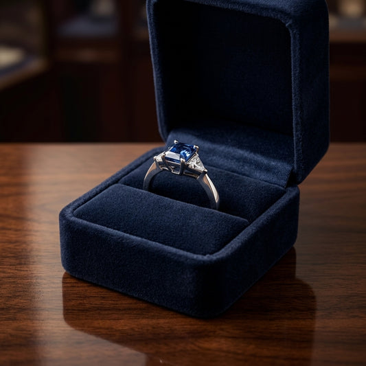 Sapphire And Diamond Emerald Cut Engagement Ring In Platinum — gift presentation