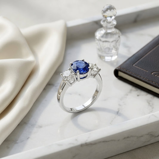 Prong Set Three Stone Round Sapphire & Diamond Engagement Ring In Platinum — atelier still life