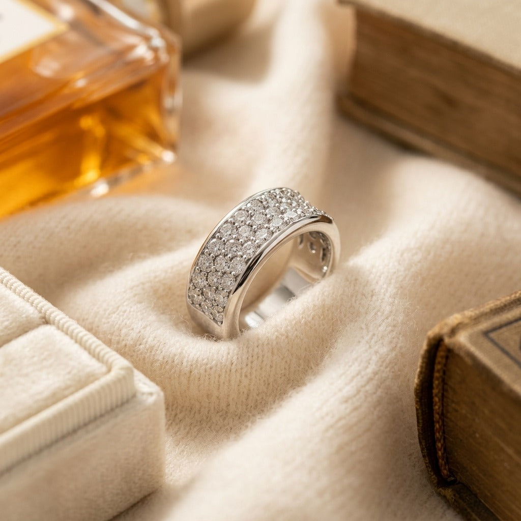 Diamond Round Concave Ring In Platinum — textile flat lay