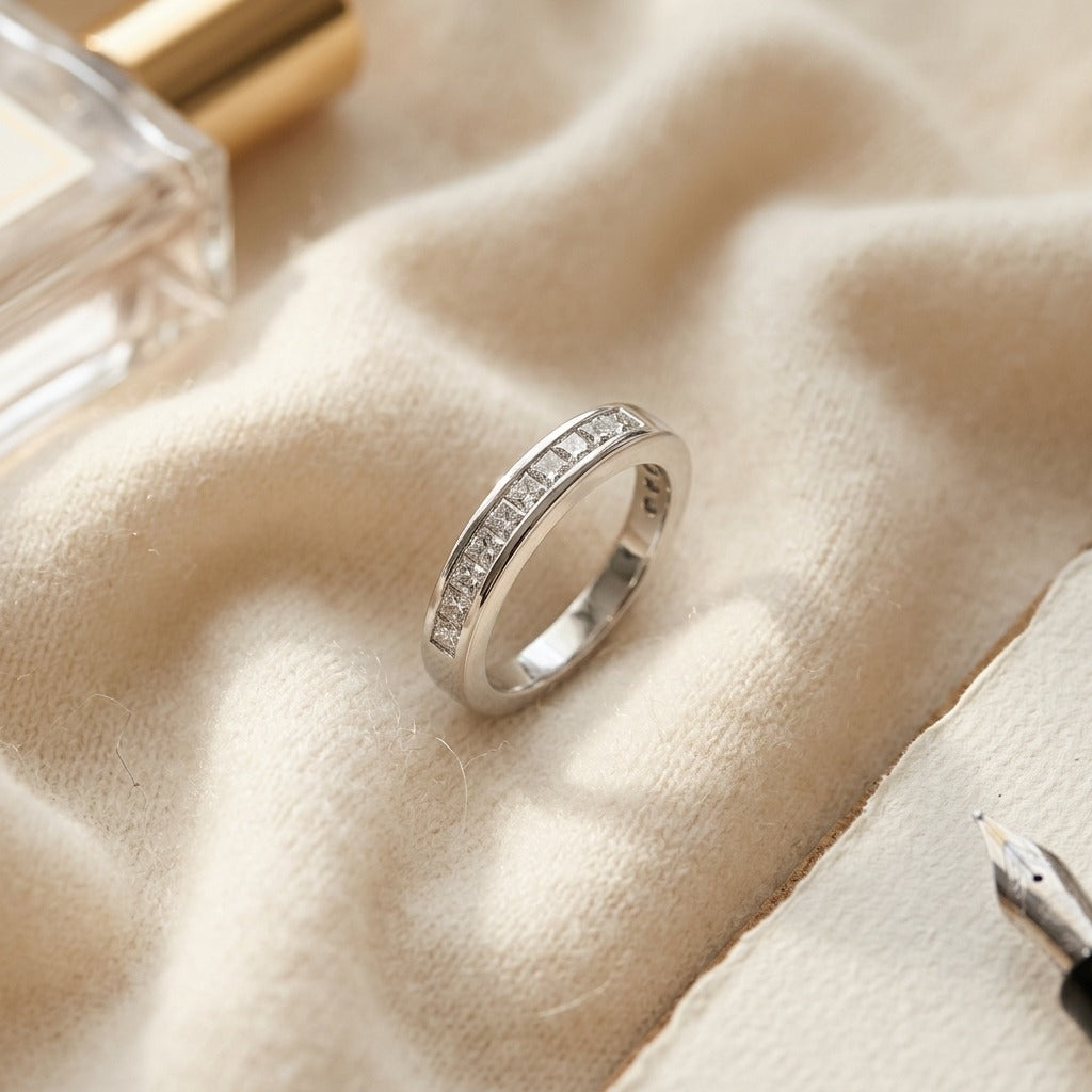 Channel Set Princess Cut Diamond Ring in Platinum (1/2 Ct. Tw.) — textile flat lay