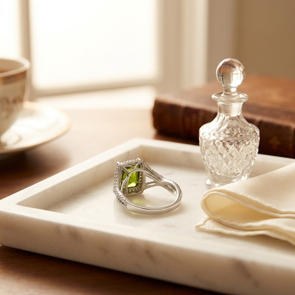 Peridot And Diamond Infinity Twist Ring In Platinum — marble silk