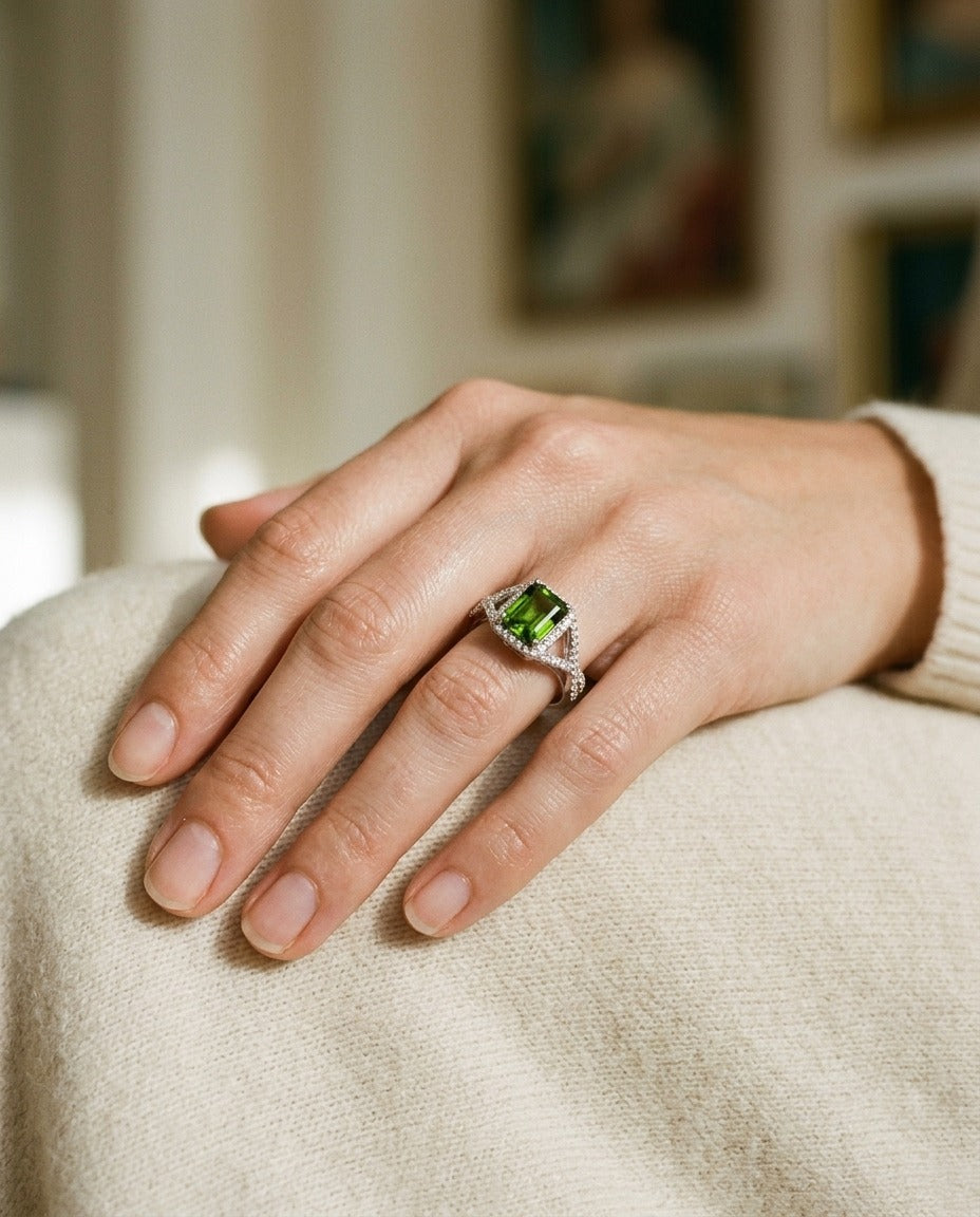 Peridot And Diamond Infinity Twist Ring In Platinum — portrait close