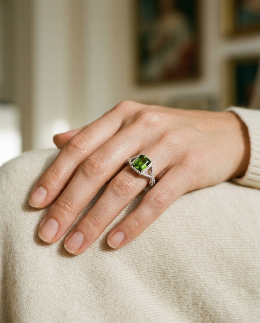 Peridot And Diamond Infinity Twist Ring In Platinum — portrait close