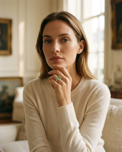 Peridot And Diamond Infinity Twist Ring In Platinum — portrait full