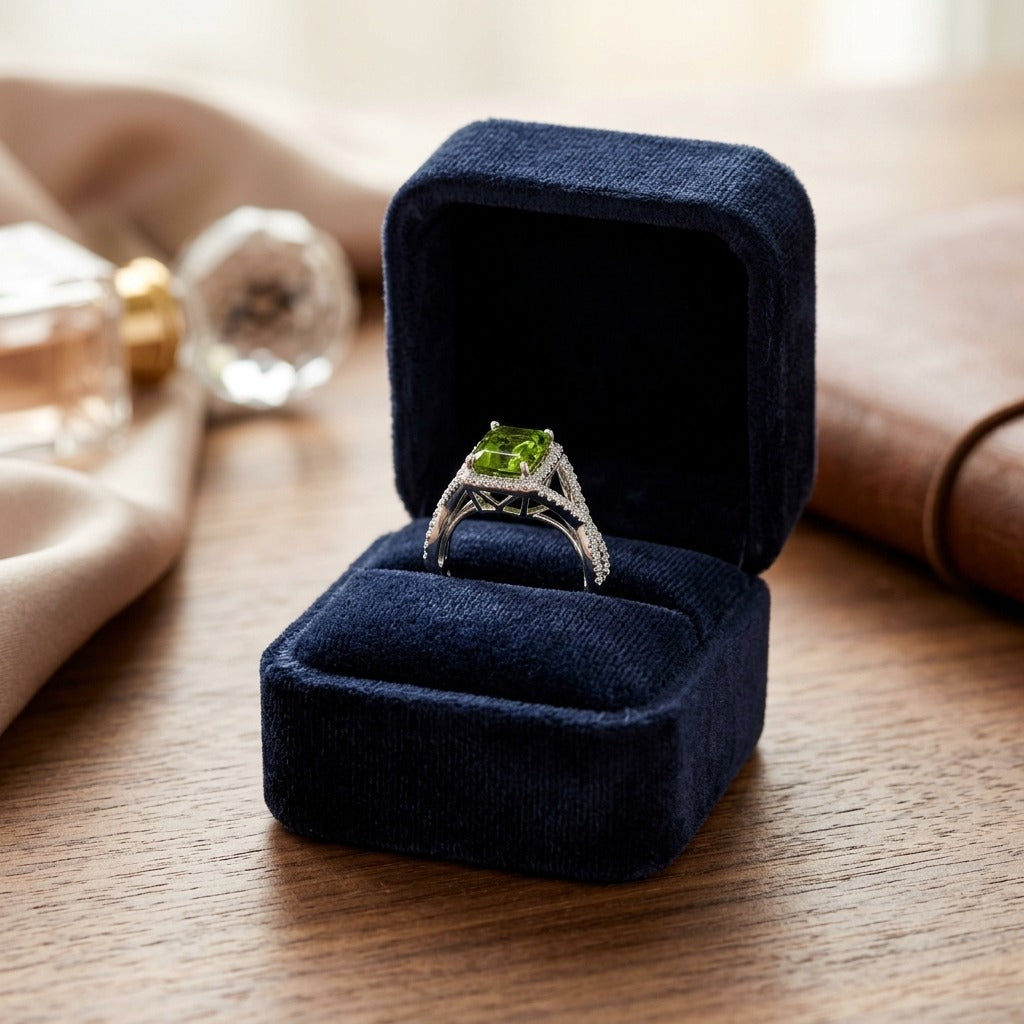 Peridot And Diamond Infinity Twist Ring In Platinum — velvet box