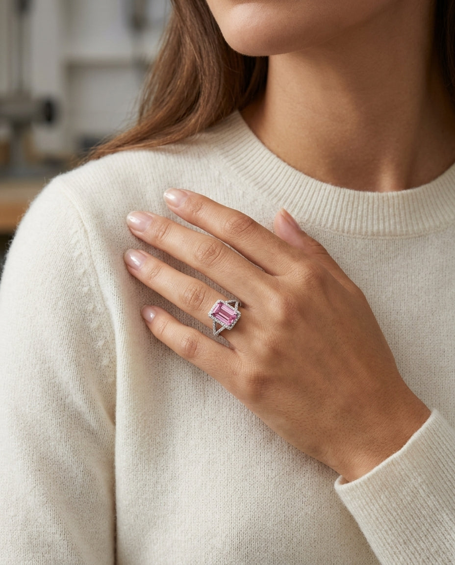 Pink Tourmaline Ring With Infinity Style Pave Diamond Shank In Platinum — editorial close-up