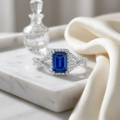 Sapphire Ring With Infinity Style Pave Diamond Shank In Platinum — atelier still life