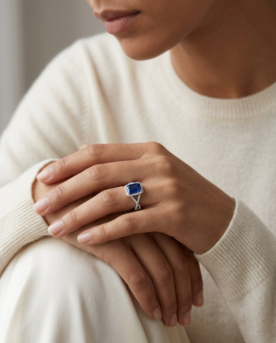 Sapphire Ring With Infinity Style Pave Diamond Shank In Platinum — editorial close-up