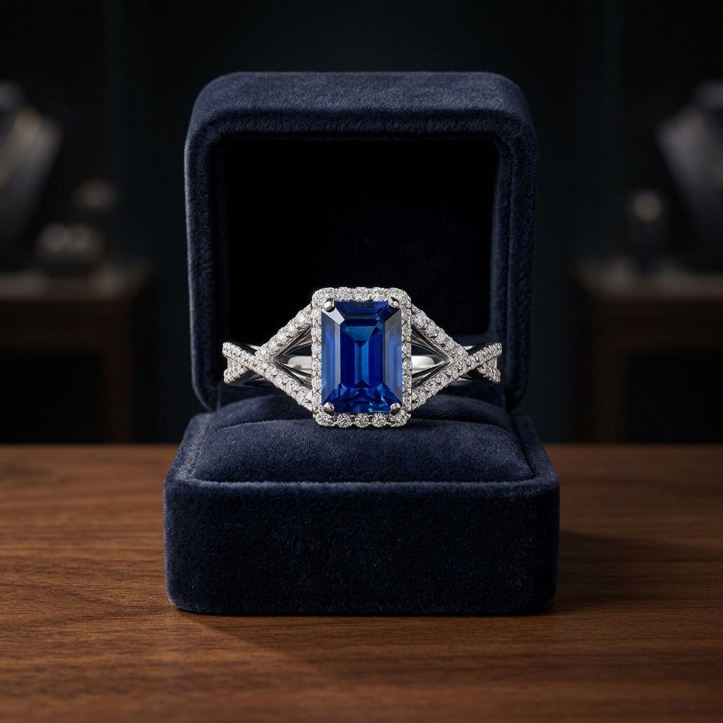 Sapphire Ring With Infinity Style Pave Diamond Shank In Platinum — gift presentation