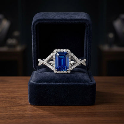 Sapphire Ring With Infinity Style Pave Diamond Shank In Platinum — gift presentation