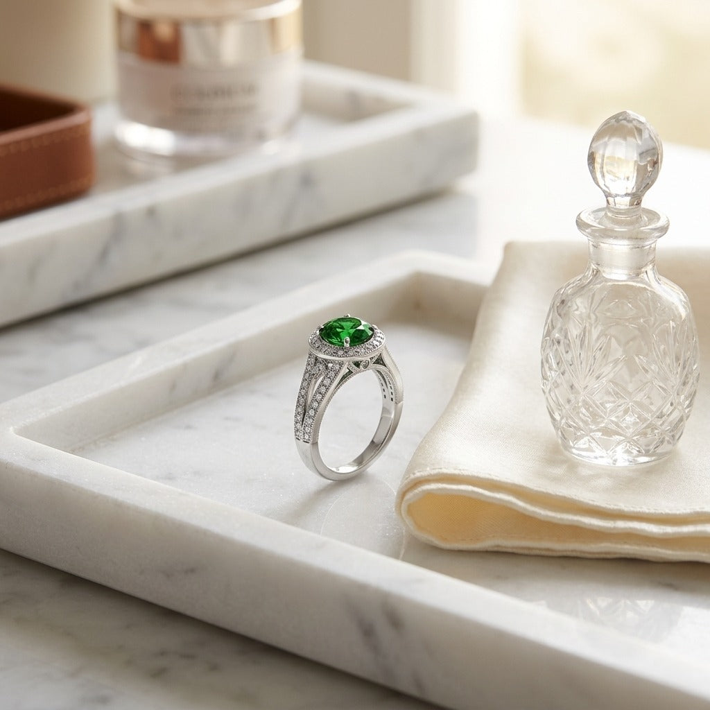 Green Tourmaline And Diamond Halo Split Shank Chevron Ring In Platinum — marble silk