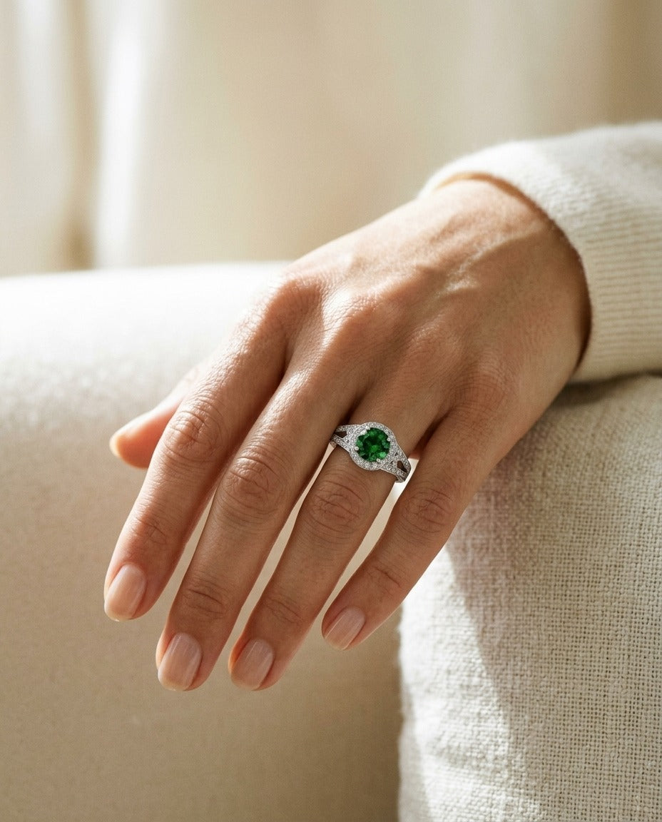 Green Tourmaline And Diamond Halo Split Shank Chevron Ring In Platinum — portrait close