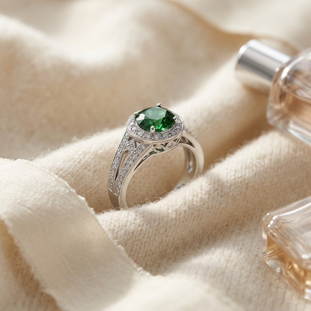 Green Tourmaline And Diamond Halo Split Shank Chevron Ring In Platinum — textile flat lay