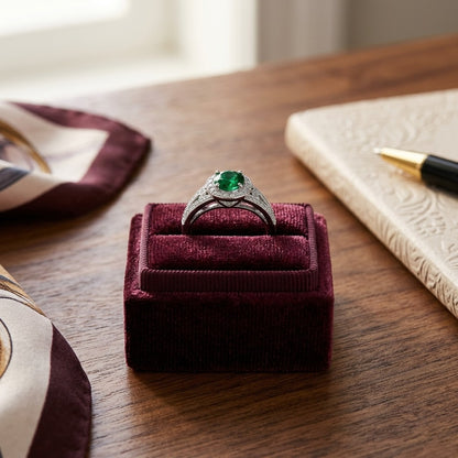 Green Tourmaline And Diamond Halo Split Shank Chevron Ring In Platinum — velvet box