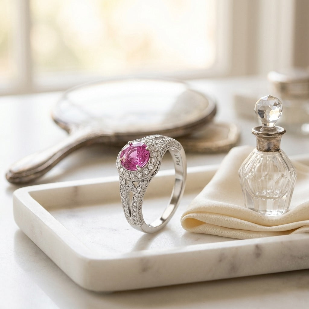 Pink Sapphire and Diamond Halo Split Shank Chevron Ring in Platinum — marble silk