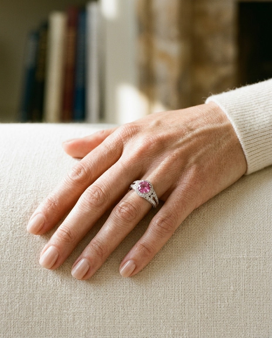 Pink Sapphire and Diamond Halo Split Shank Chevron Ring in Platinum — portrait close