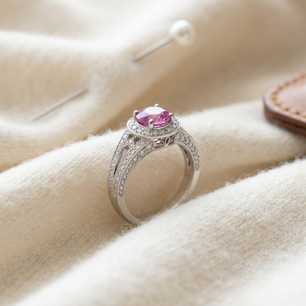 Pink Sapphire and Diamond Halo Split Shank Chevron Ring in Platinum — textile flat lay