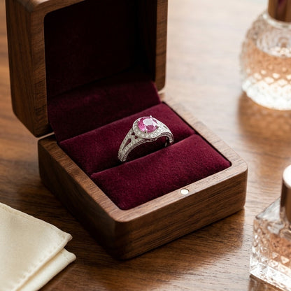 Pink Sapphire and Diamond Halo Split Shank Chevron Ring in Platinum — velvet box