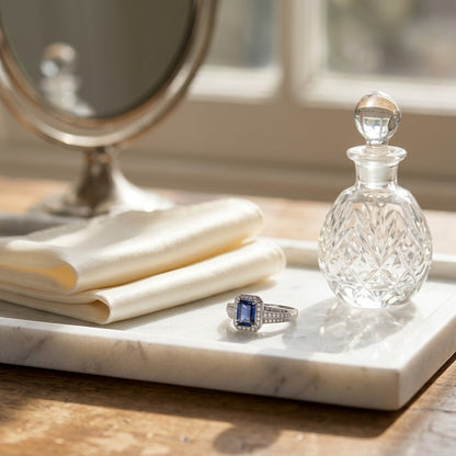 Sapphire Emerald Cut and Diamond Halo Ring 14k White Gold — marble silk