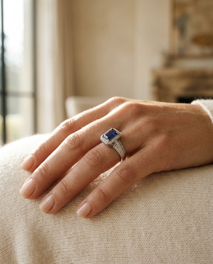Sapphire Emerald Cut and Diamond Halo Ring 14k White Gold — portrait close