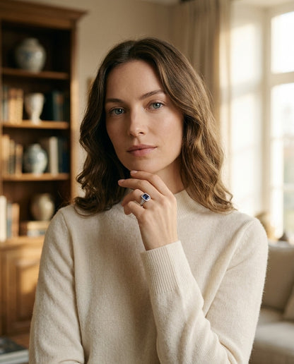 Sapphire Emerald Cut and Diamond Halo Ring 14k White Gold — portrait full
