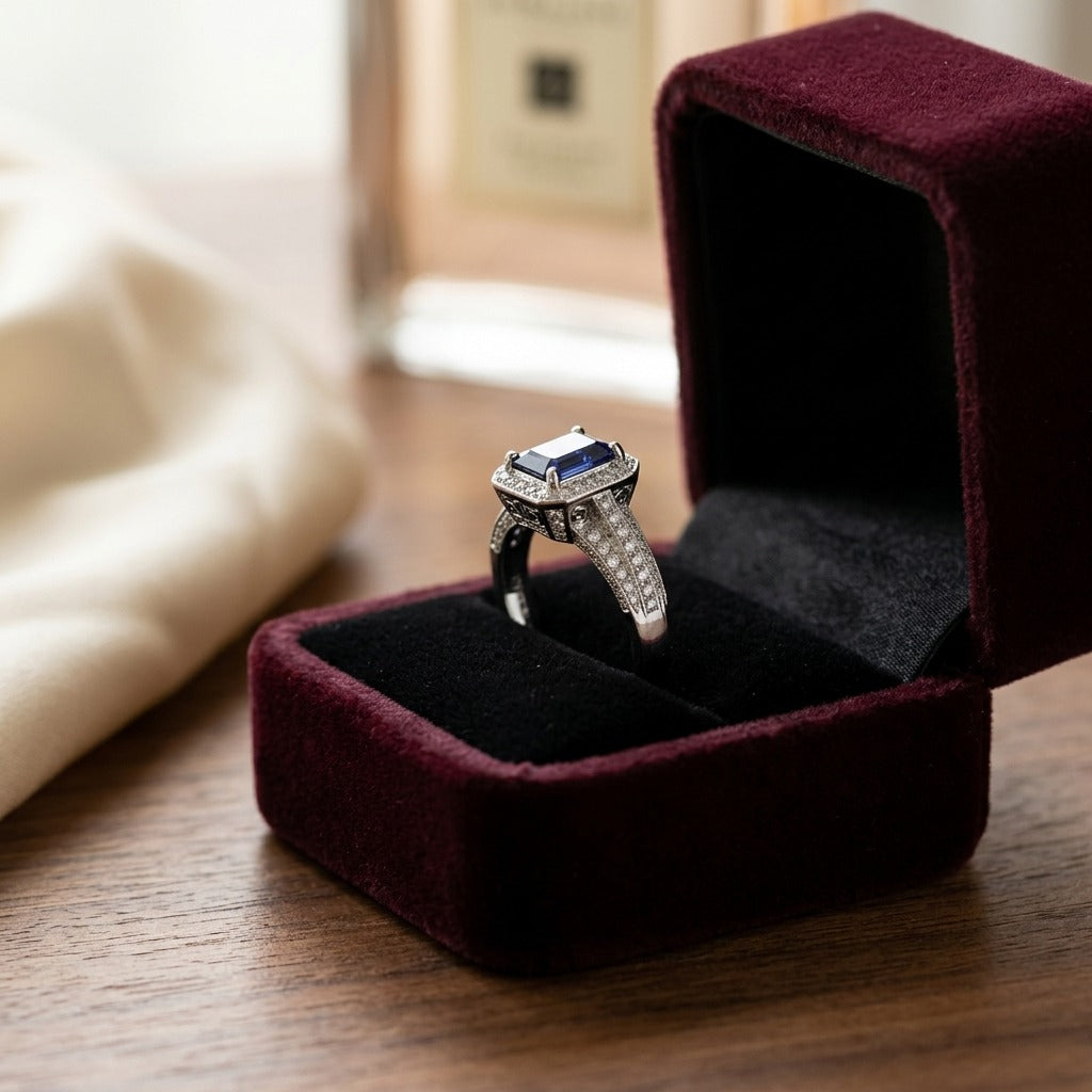 Sapphire Emerald Cut and Diamond Halo Ring 14k White Gold — velvet box
