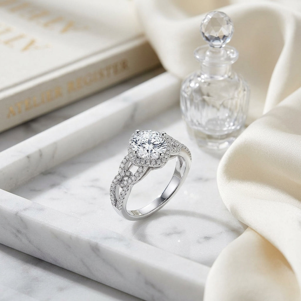 Round Brilliant 1ct Diamond Center & 1/4ctw Pave Ring In Platinum — atelier still life