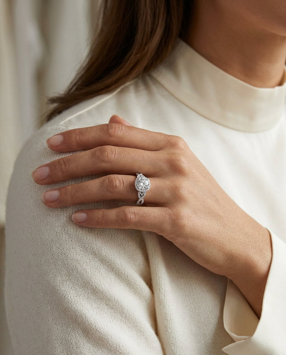 Round Brilliant 1ct Diamond Center & 1/4ctw Pave Ring In Platinum — editorial close-up