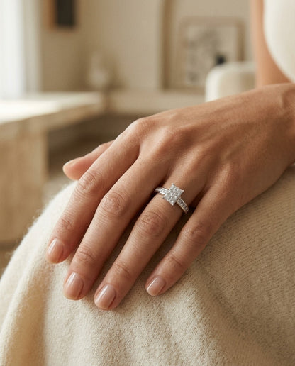 Princess Cut Diamond Invisible Set Platinum Ring — portrait close