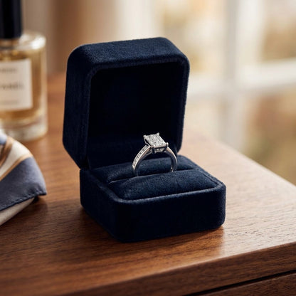 Princess Cut Diamond Invisible Set Platinum Ring — velvet box