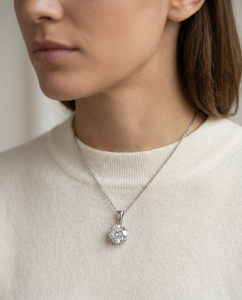 Diamond Round Solitaire Pendant (1ct) In Platinum, 16 Inch, Gia+igi-certified — editorial close-up