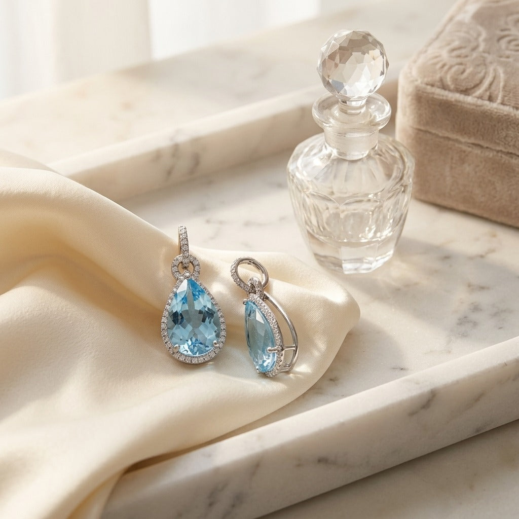 Aqua And Diamond Handmade Teardrop Pendant In Platinum (14x9mm Center) — marble silk