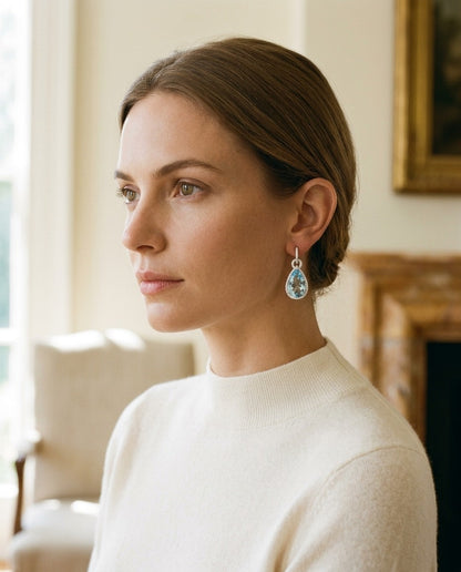 Aqua And Diamond Handmade Teardrop Pendant In Platinum (14x9mm Center) — portrait close