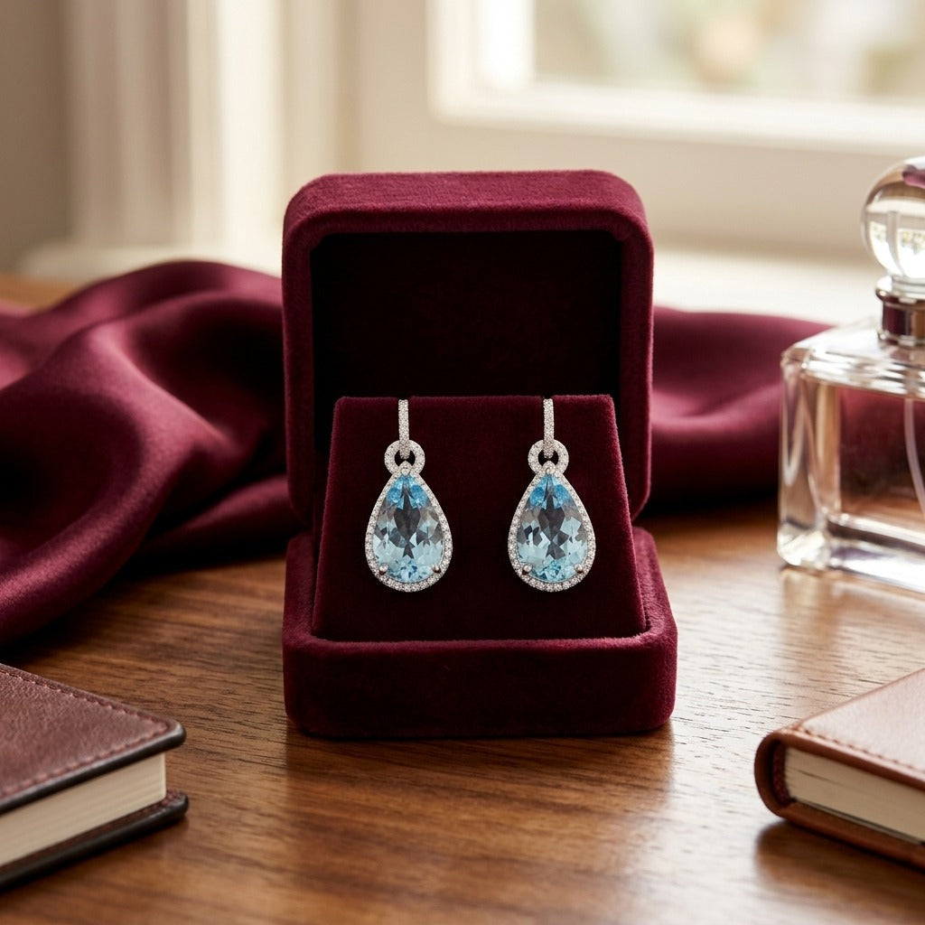 Aqua And Diamond Handmade Teardrop Pendant In Platinum (14x9mm Center) — velvet box