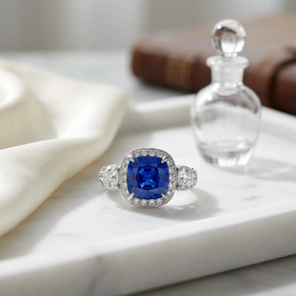 Sapphire And Diamond Cushion Halo 3-stone Ring With Pave And Millgrain Detail In Platinum — atelier still life