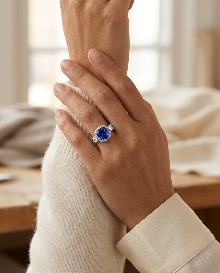 Sapphire And Diamond Cushion Halo 3-stone Ring With Pave And Millgrain Detail In Platinum — editorial close-up