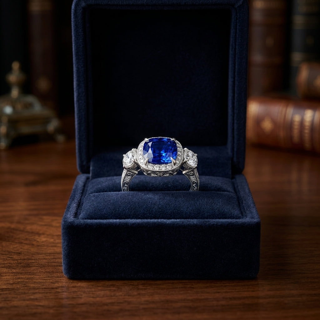 Sapphire And Diamond Cushion Halo 3-stone Ring With Pave And Millgrain Detail In Platinum — gift presentation