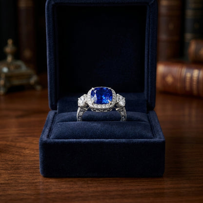 Sapphire And Diamond Cushion Halo 3-stone Ring With Pave And Millgrain Detail In Platinum — gift presentation