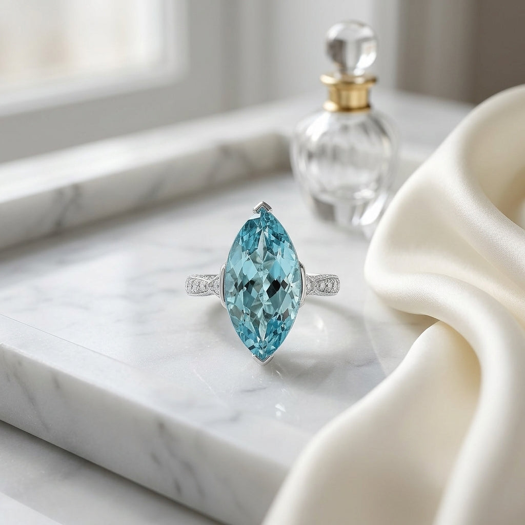 Aquamarine And Diamond Marquise Ring In Platinum — atelier still life