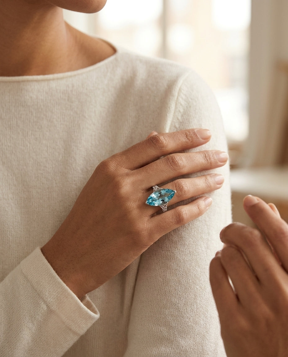 Aquamarine And Diamond Marquise Ring In Platinum — editorial close-up