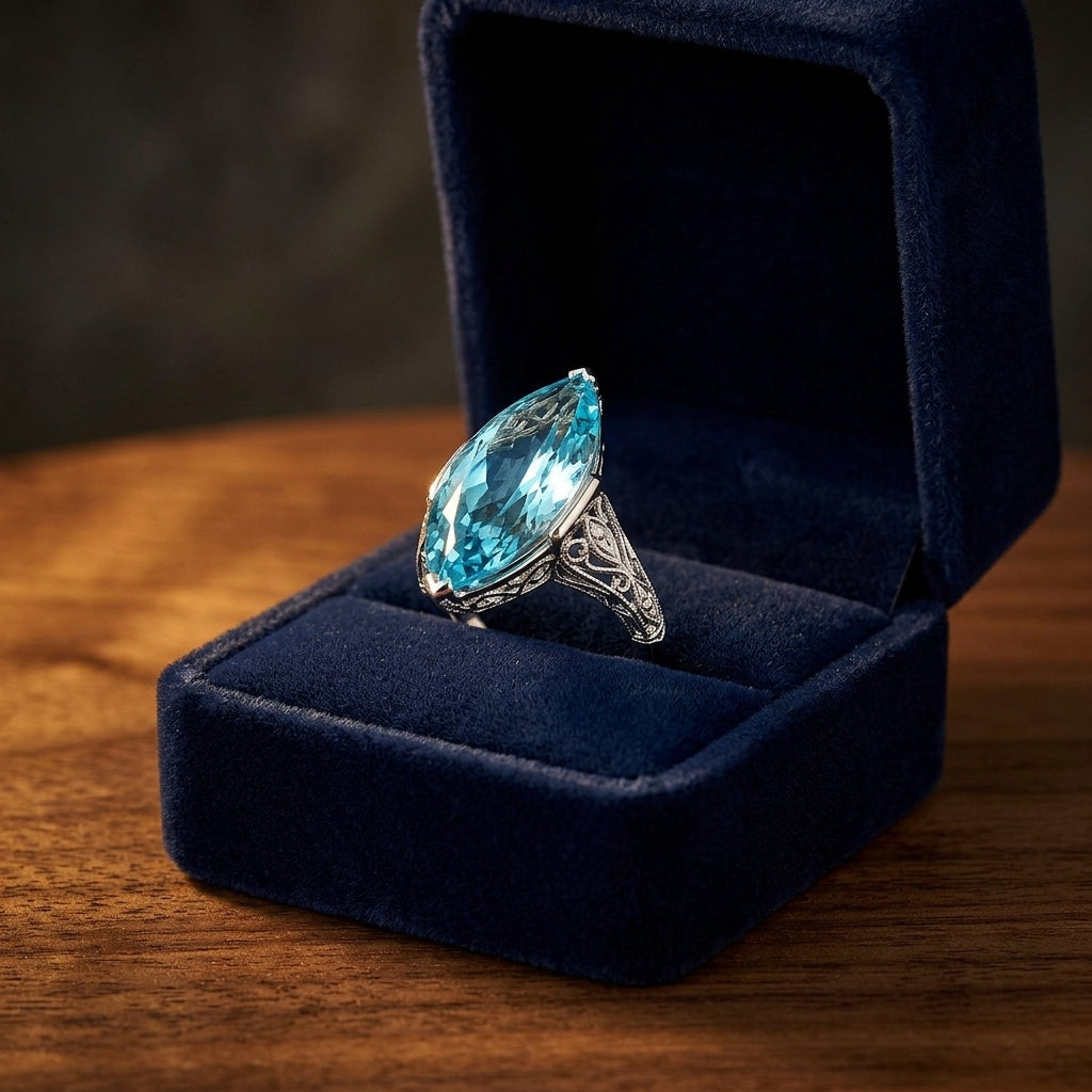 Aquamarine And Diamond Marquise Ring In Platinum — gift presentation