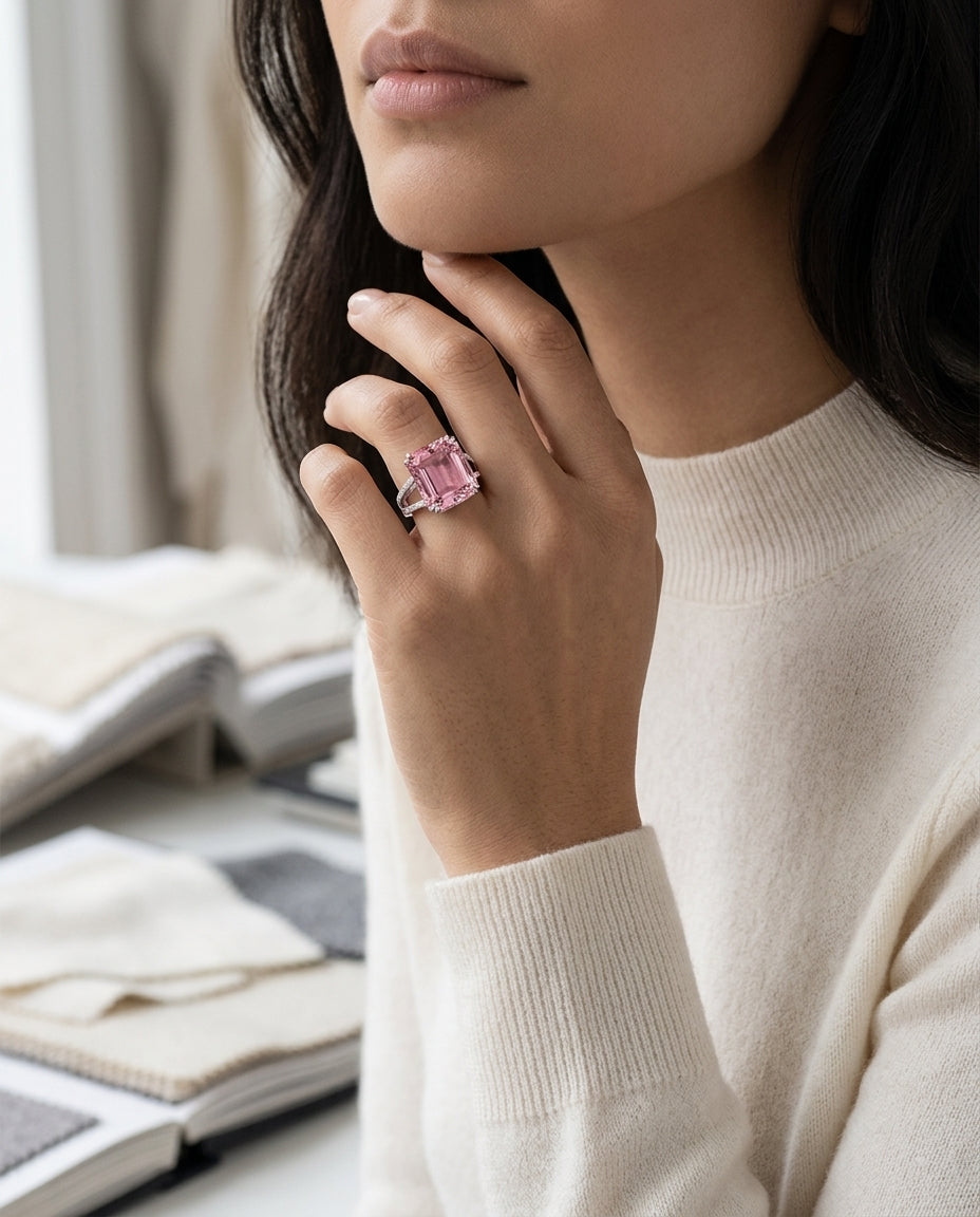 Pink Tourmaline And Pave Diamond Ring In Platinum (1/3 Ct. Tw.) — editorial close-up