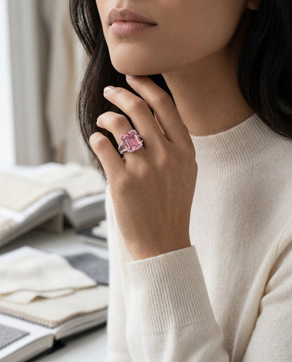 Pink Tourmaline And Pave Diamond Ring In Platinum (1/3 Ct. Tw.) — editorial close-up