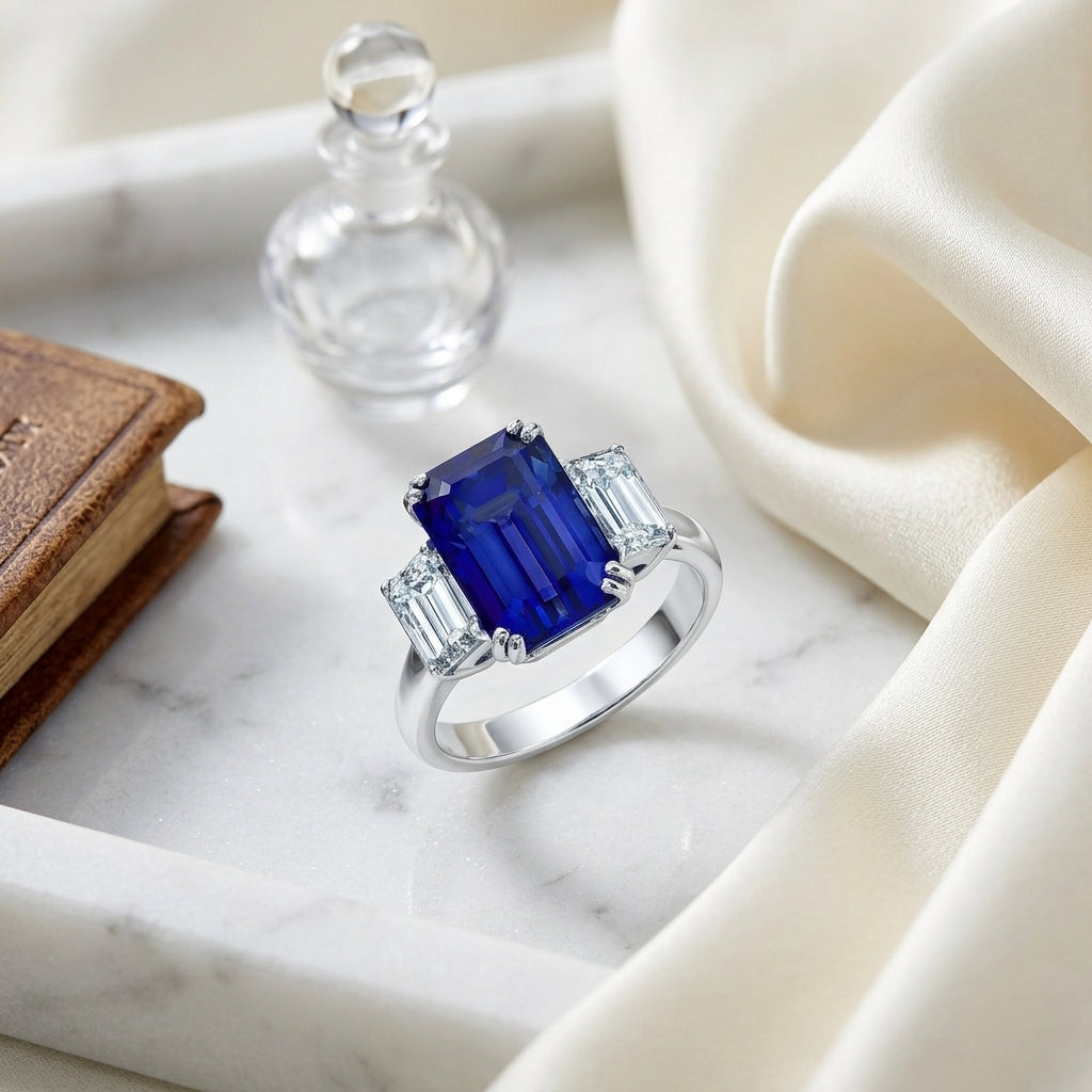 Sapphire & Diamond 3 Stone Emerald Cut Ring In Platinum — atelier still life