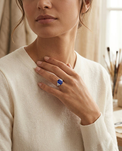 Sapphire & Diamond 3 Stone Emerald Cut Ring In Platinum — editorial close-up